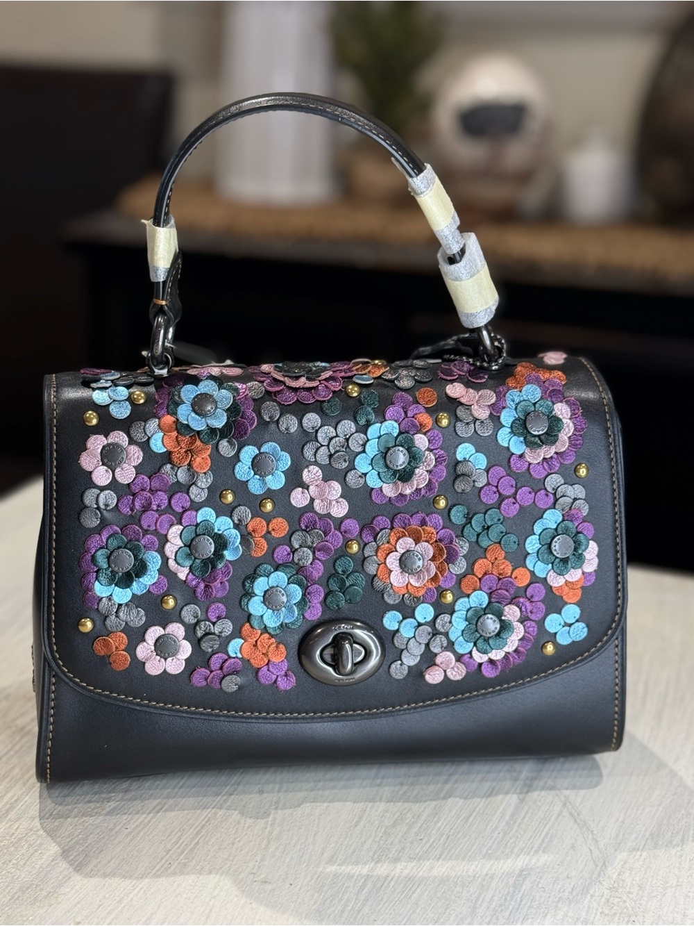 Coach Black Tilly Floral Appliqué Satchel with Multicolor Flowers